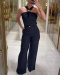 Halter-Neck Ruched Top and Wide-Leg Trouser Set - Black