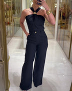 Halter-Neck Ruched Top and Wide-Leg Trouser Set - Black