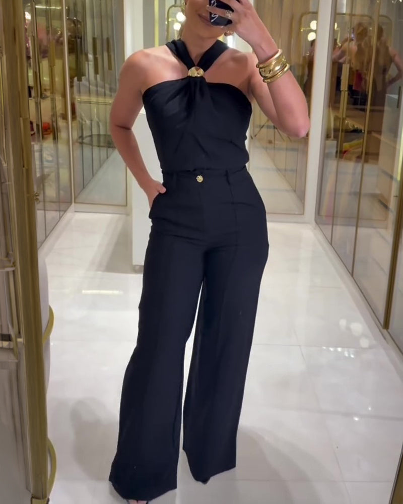 Halter-Neck Ruched Top and Wide-Leg Trouser Set - Black