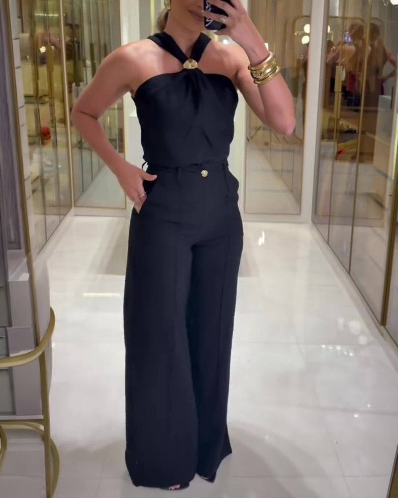 Halter-Neck Ruched Top and Wide-Leg Trouser Set - Black