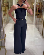 Halter-Neck Ruched Top and Wide-Leg Trouser Set - Black