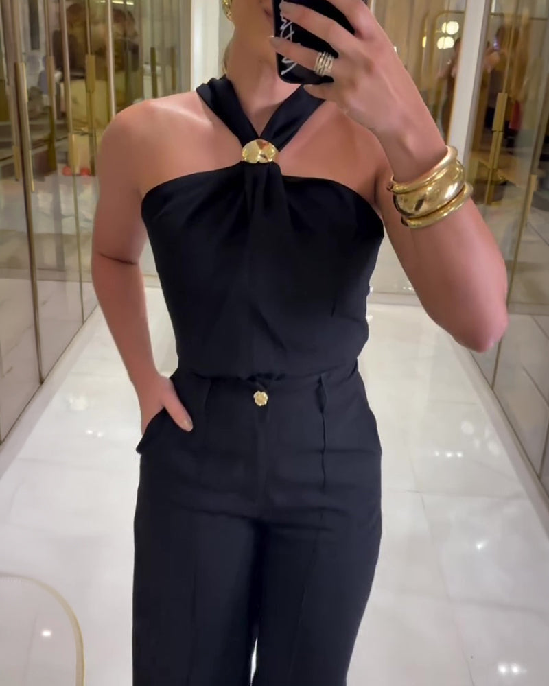 Halter-Neck Ruched Top and Wide-Leg Trouser Set - Black