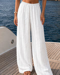 High-Waisted Jacquard Wide-Leg Trousers with Drawstring - White