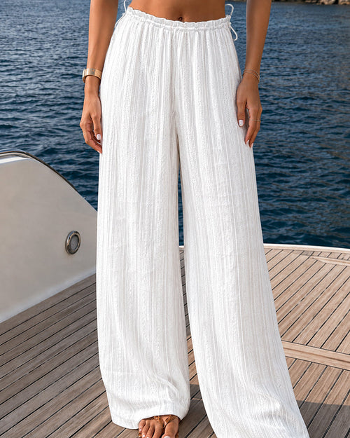 High-Waisted Jacquard Wide-Leg Trousers with Drawstring - White
