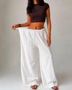 High-Waisted Jacquard Wide-Leg Trousers with Drawstring - White