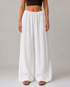 High-Waisted Jacquard Wide-Leg Trousers with Drawstring - White