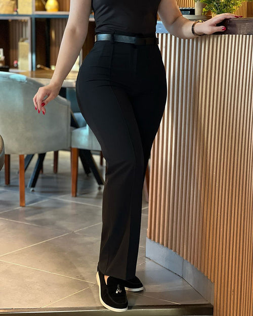 High-Waisted Straight-Leg Trousers with Seam Front - Apricot