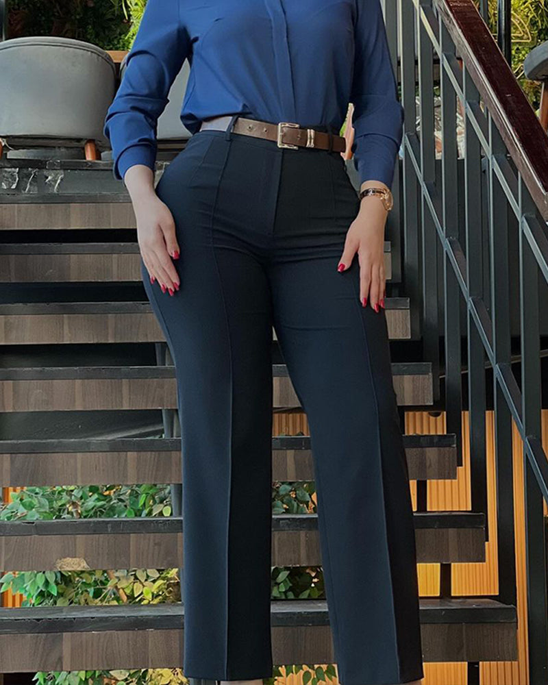 High-Waisted Straight-Leg Trousers with Seam Front - Apricot