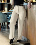 High-Waisted Straight-Leg Trousers with Seam Front - Apricot