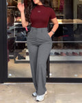 High-Waisted Wide-Leg Trousers with Elastic Back Waist - Gray