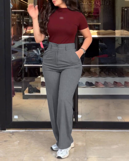 High-Waisted Wide-Leg Trousers with Elastic Back Waist - Gray