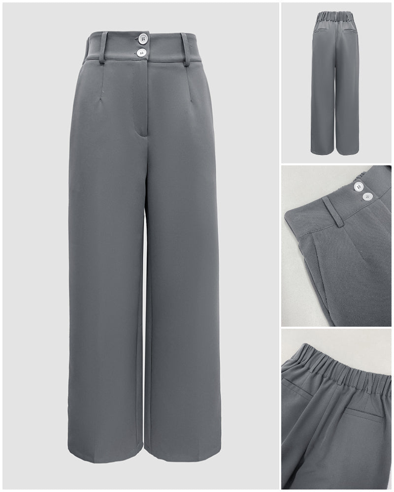 High-Waisted Wide-Leg Trousers with Elastic Back Waist - Gray