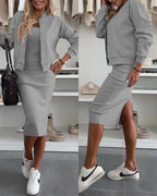 Knit Tank Dress and Pearl-Button Jacket Two-Piece - Gray