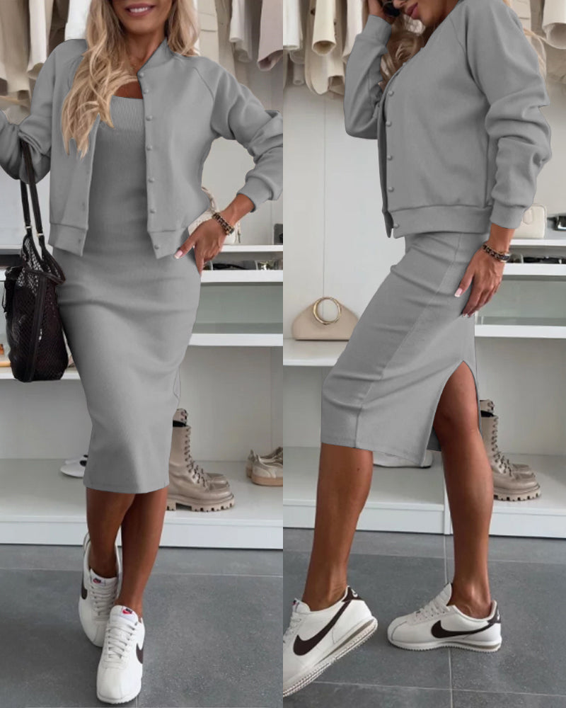 Knit Tank Dress and Pearl-Button Jacket Two-Piece - Gray