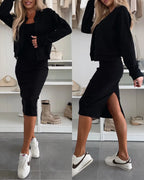 Knit Tank Dress and Pearl-Button Jacket Two-Piece - Black