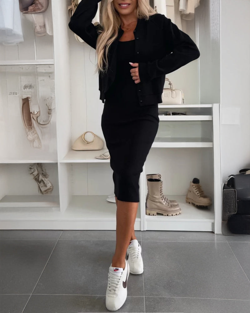 Knit Tank Dress and Pearl-Button Jacket Two-Piece