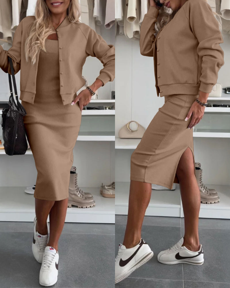 Knit Tank Dress and Pearl-Button Jacket Two-Piece - Khaki