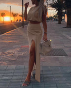 Knit Two-Piece with Cap-Sleeve Top and Slit Skirt - Khaki