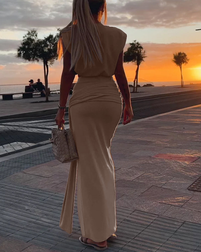 Knit Two-Piece with Cap-Sleeve Top and Slit Skirt - Khaki