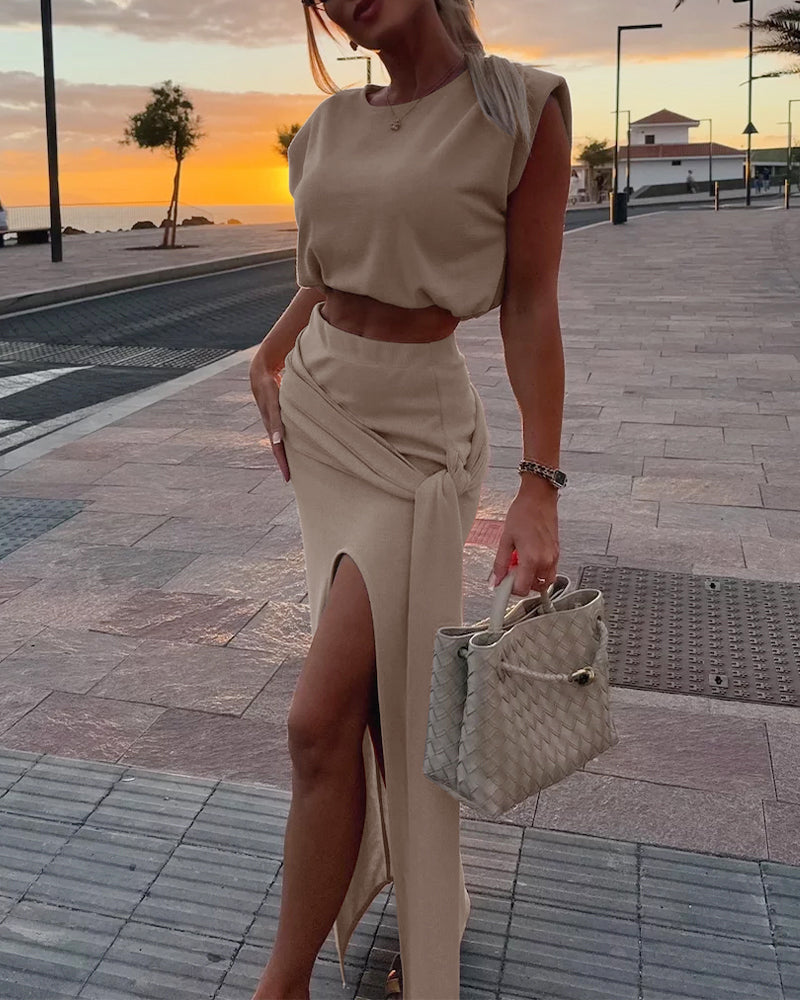 Knit Two-Piece with Cap-Sleeve Top and Slit Skirt - Khaki