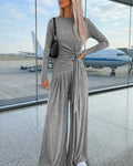 Knit Two-Piece with Tie-Waist Top and Wide-Leg Trousers - Gray