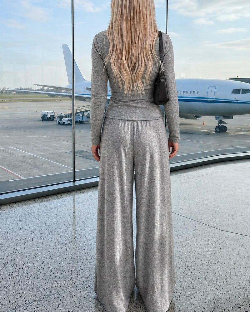 Knit Two-Piece with Tie-Waist Top and Wide-Leg Trousers