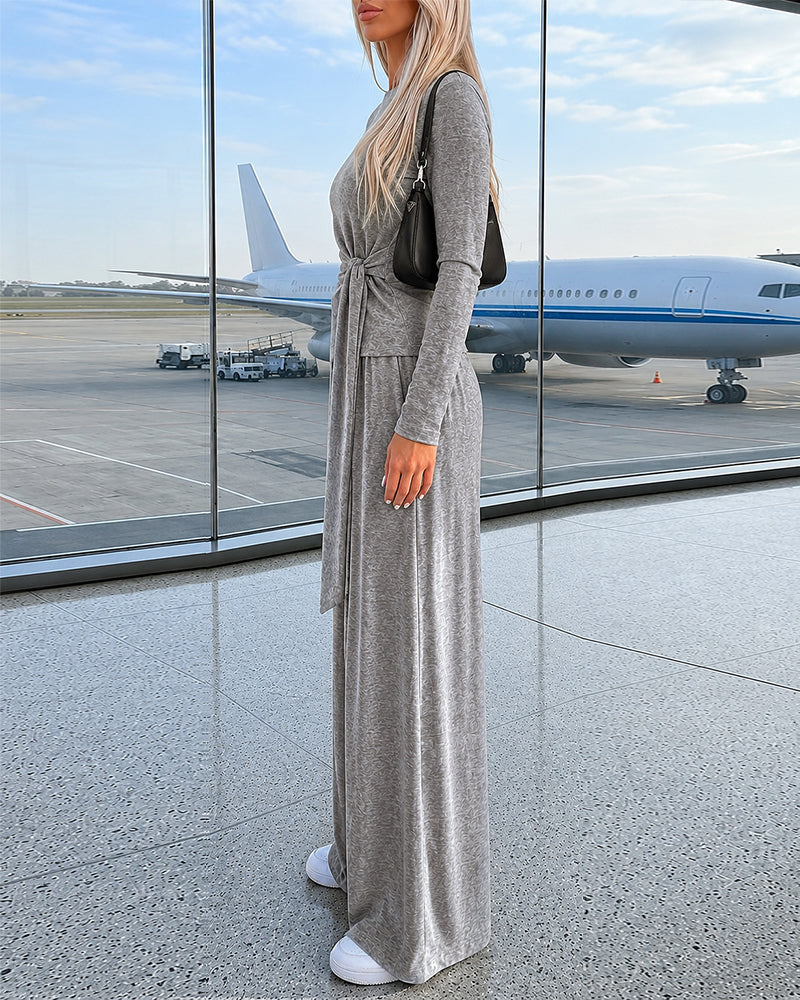 Knit Two-Piece with Tie-Waist Top and Wide-Leg Trousers