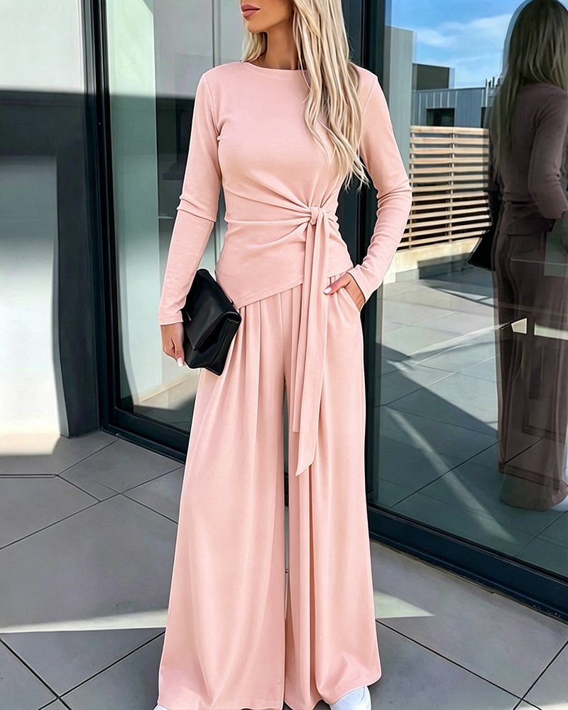 Knit Two-Piece with Tie-Waist Top and Wide-Leg Trousers - Pink