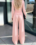 Knit Two-Piece with Tie-Waist Top and Wide-Leg Trousers