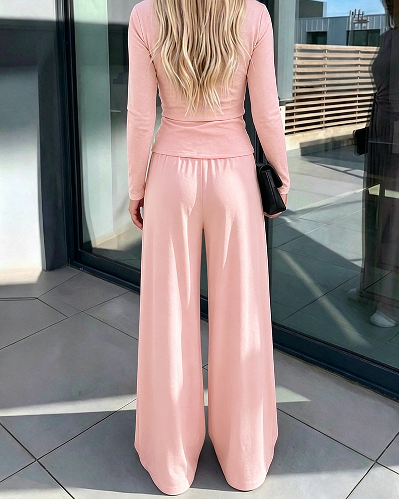 Knit Two-Piece with Tie-Waist Top and Wide-Leg Trousers