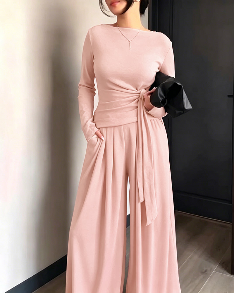 Knit Two-Piece with Tie-Waist Top and Wide-Leg Trousers