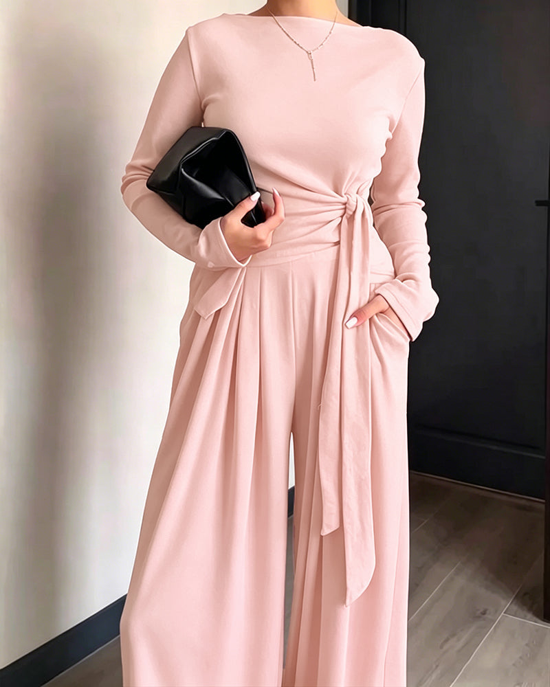 Knit Two-Piece with Tie-Waist Top and Wide-Leg Trousers