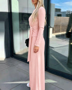 Knit Two-Piece with Tie-Waist Top and Wide-Leg Trousers