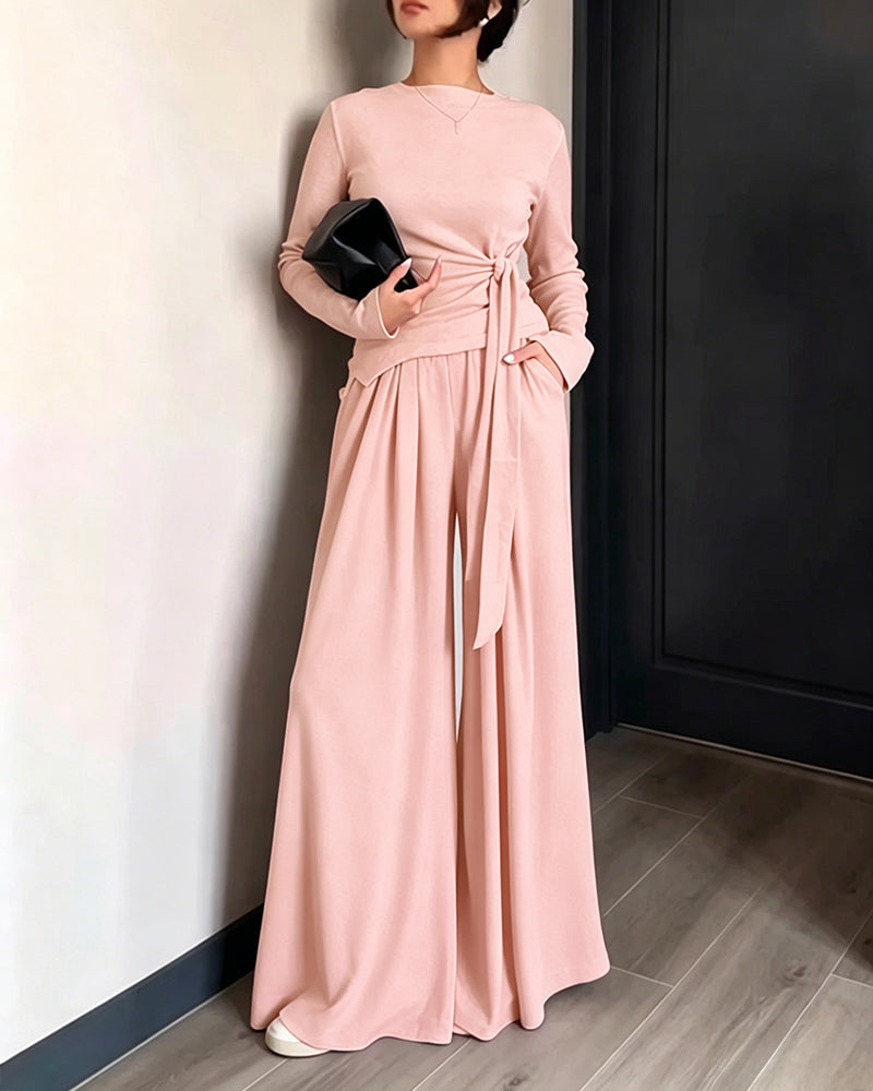 Knit Two-Piece with Tie-Waist Top and Wide-Leg Trousers