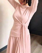 Knit Two-Piece with Tie-Waist Top and Wide-Leg Trousers