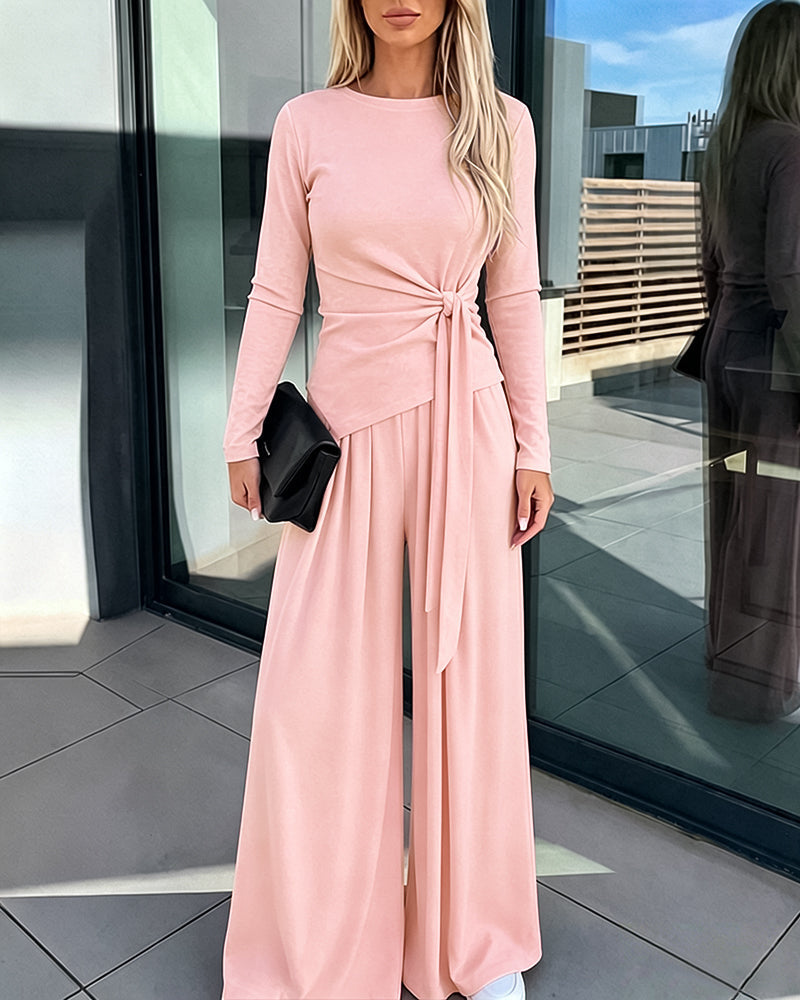 Knit Two-Piece with Tie-Waist Top and Wide-Leg Trousers