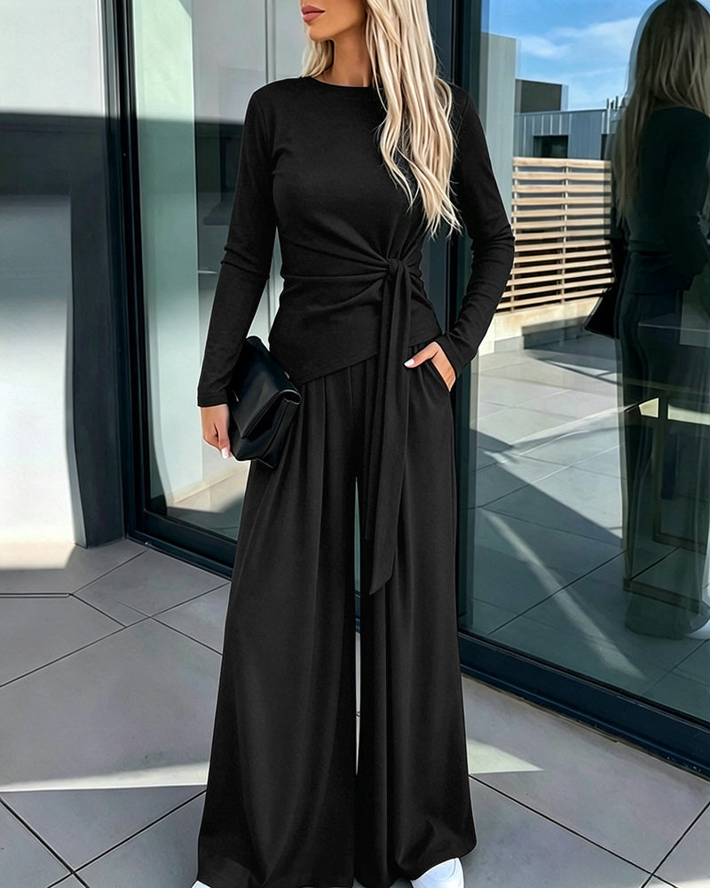 Knit Two-Piece with Tie-Waist Top and Wide-Leg Trousers - Black