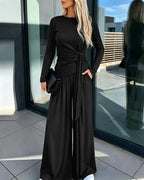 Knit Two-Piece with Tie-Waist Top and Wide-Leg Trousers - Black
