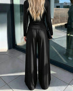 Knit Two-Piece with Tie-Waist Top and Wide-Leg Trousers