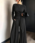 Knit Two-Piece with Tie-Waist Top and Wide-Leg Trousers