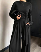 Knit Two-Piece with Tie-Waist Top and Wide-Leg Trousers