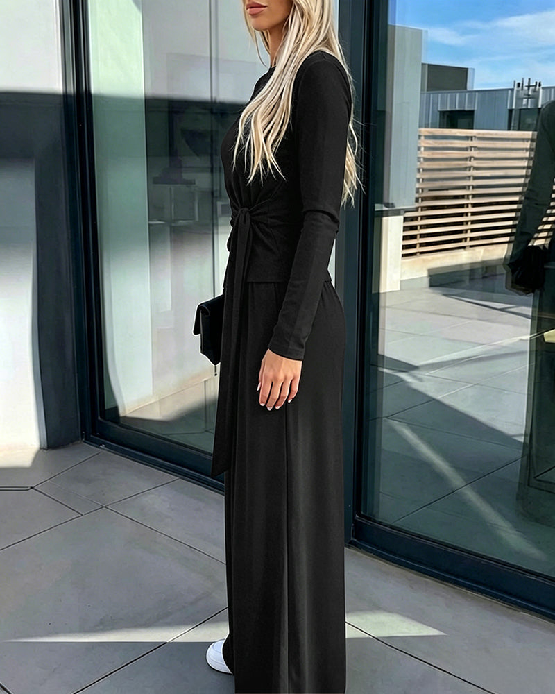 Knit Two-Piece with Tie-Waist Top and Wide-Leg Trousers
