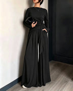 Knit Two-Piece with Tie-Waist Top and Wide-Leg Trousers