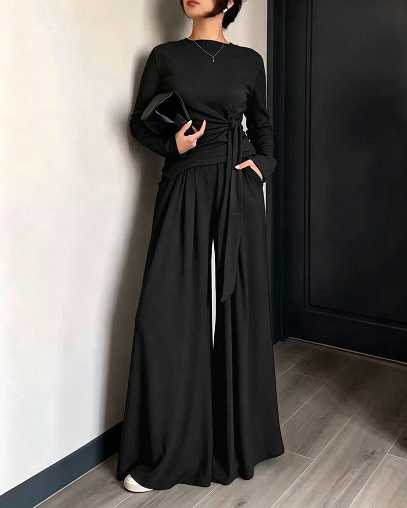 Knit Two-Piece with Tie-Waist Top and Wide-Leg Trousers