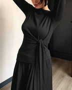 Knit Two-Piece with Tie-Waist Top and Wide-Leg Trousers
