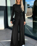 Knit Two-Piece with Tie-Waist Top and Wide-Leg Trousers
