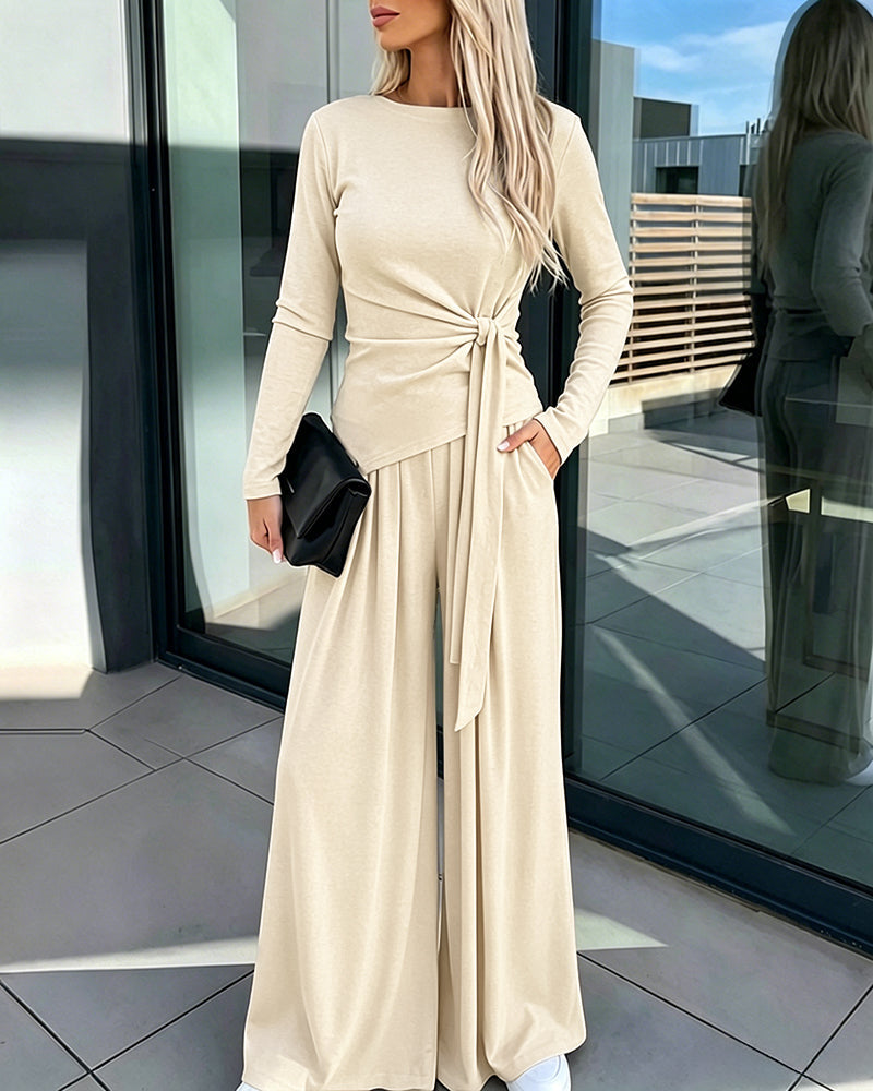 Knit Two-Piece with Tie-Waist Top and Wide-Leg Trousers - Apricot