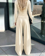 Knit Two-Piece with Tie-Waist Top and Wide-Leg Trousers