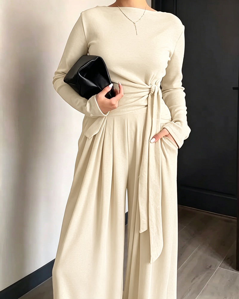 Knit Two-Piece with Tie-Waist Top and Wide-Leg Trousers