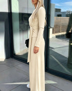 Knit Two-Piece with Tie-Waist Top and Wide-Leg Trousers